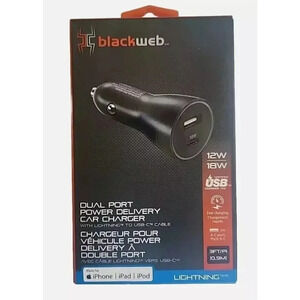 Blackweb Dual Port Car Charger 12W + 18W with USB-C Cable - Fast Charging Adapte